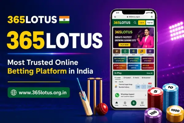 365Lotus - Most trusted online betting platform in India showing mobile app interface with cricket betting and casino games
