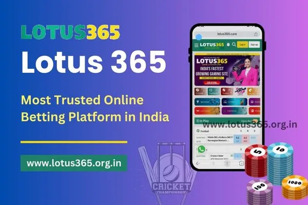 Lotus365 - Most trusted online betting platform in India showing mobile app interface with cricket betting and casino games